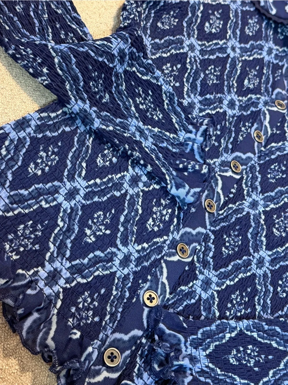Blue Patterned Button-Front Blouse